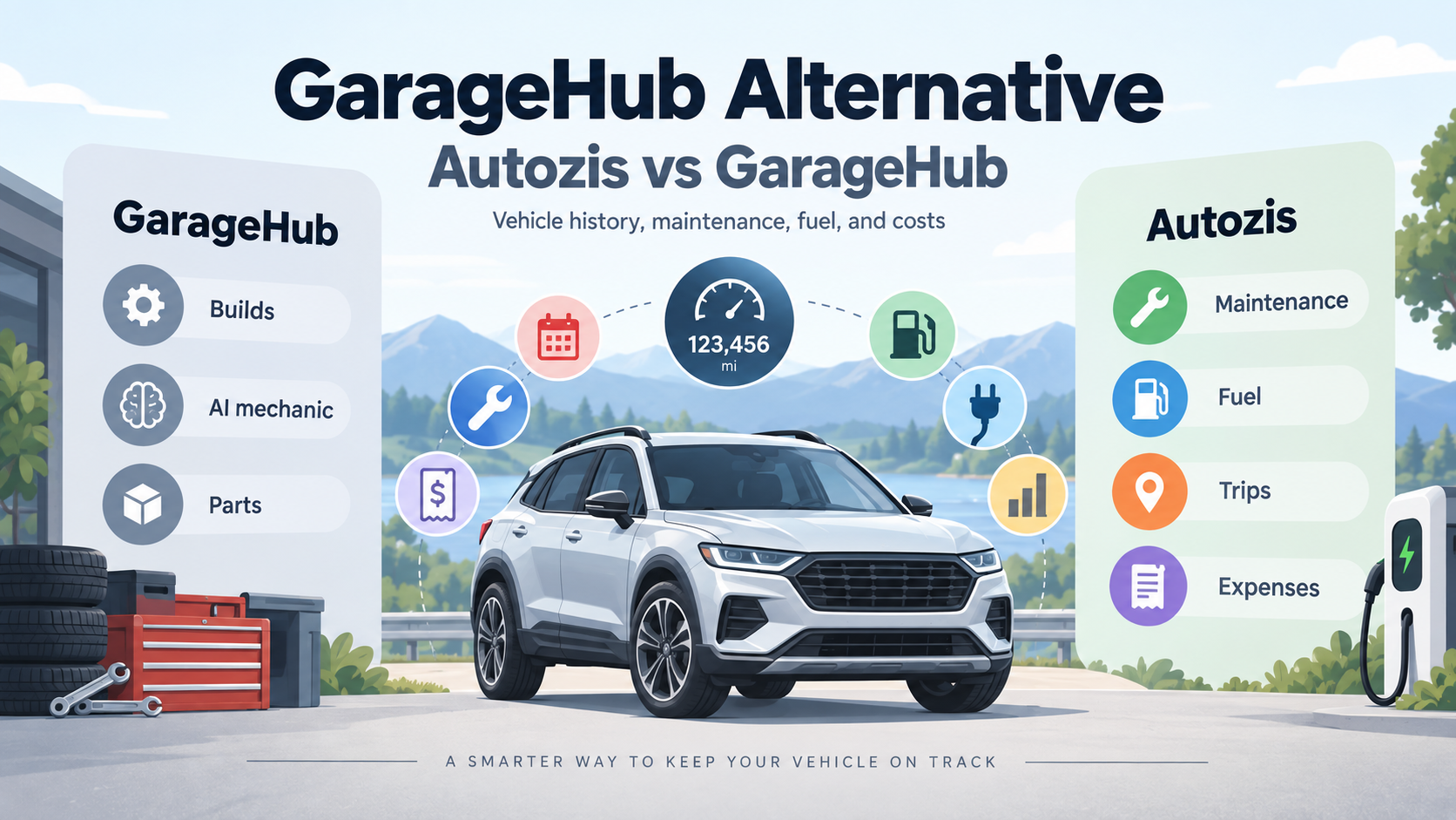 Illustrated comparison of GarageHub and Autozis for vehicle maintenance, fuel, trips, expenses, and vehicle history