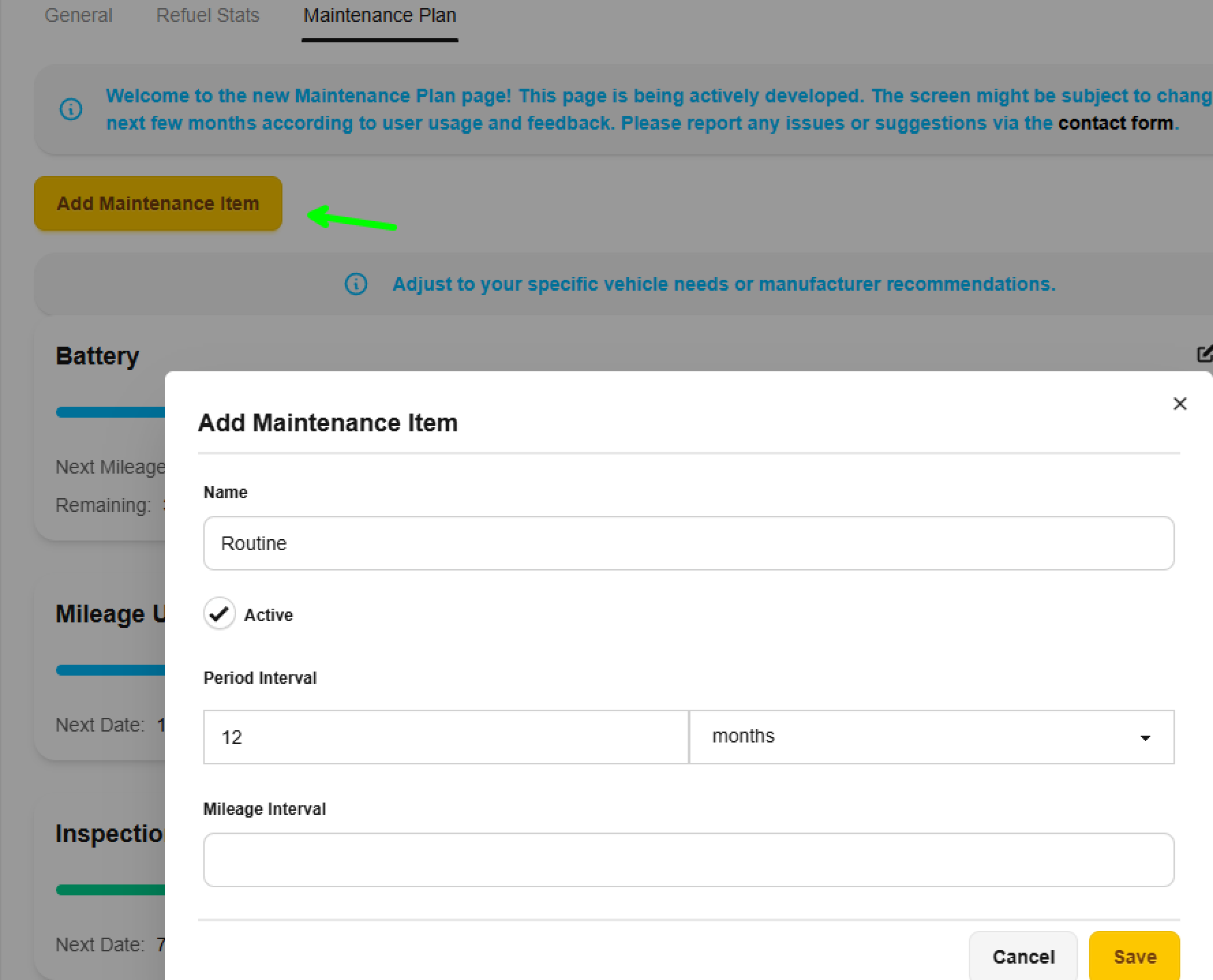 Add a new maintenance item