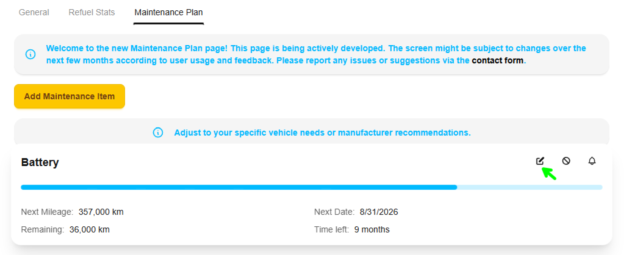 Edit Maintenance Item button