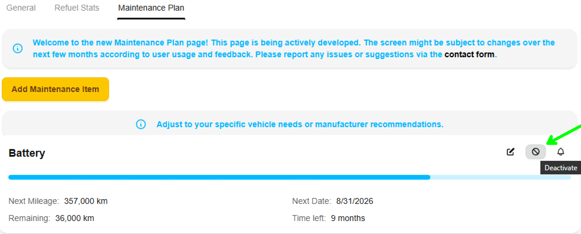 Deactivate Maintenance Item button