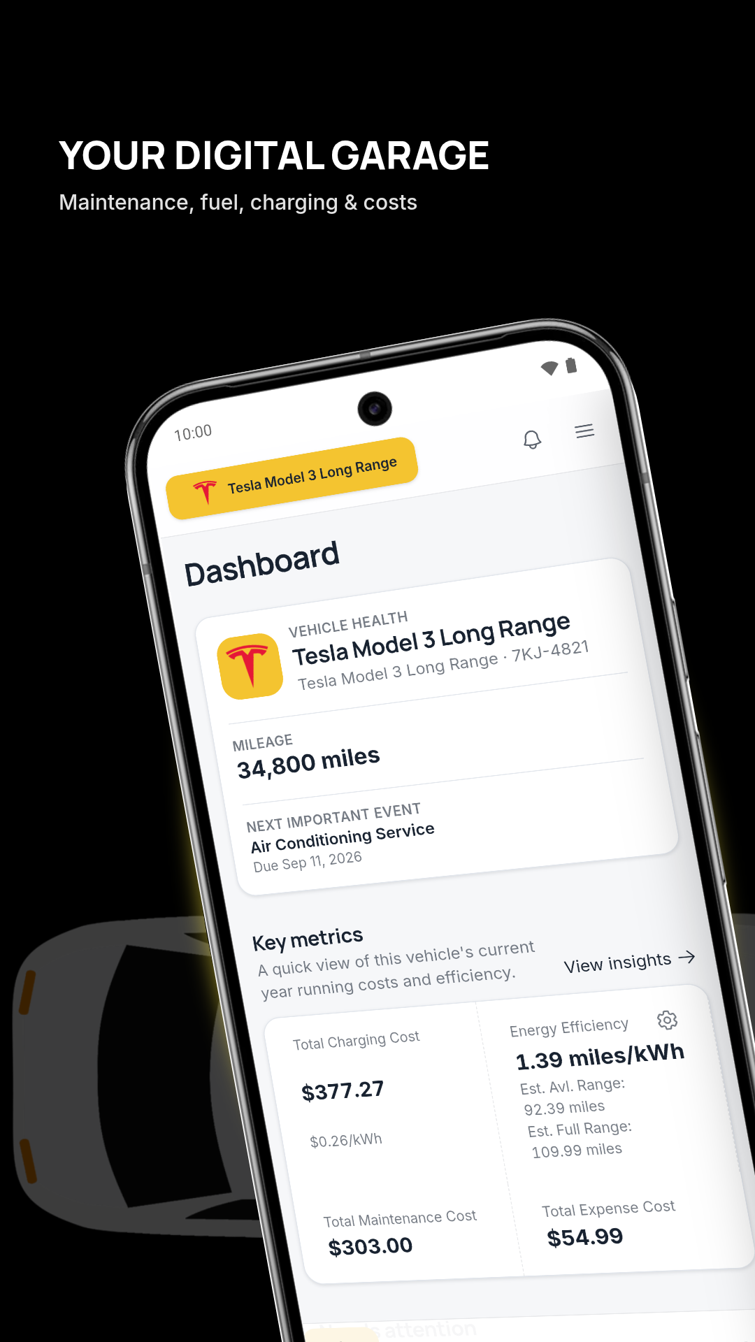 Autozis dashboard showing a vehicle overview, upcoming service, mileage, charging cost, maintenance cost, and total expenses.