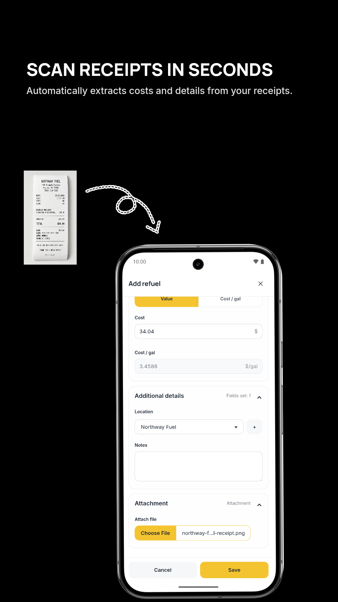 Autozis receipt scanning flow showing a receipt converted into a refuel record with cost, location, notes, and attachment.