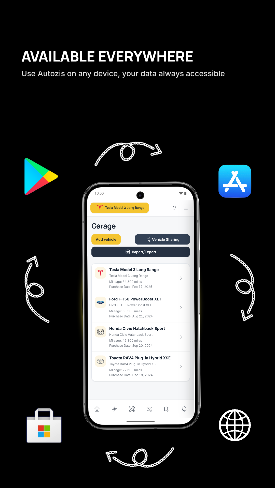 Autozis Garage showing multiple vehicles, vehicle sharing, import and export, and availability on Google Play, the App Store, and Microsoft Store